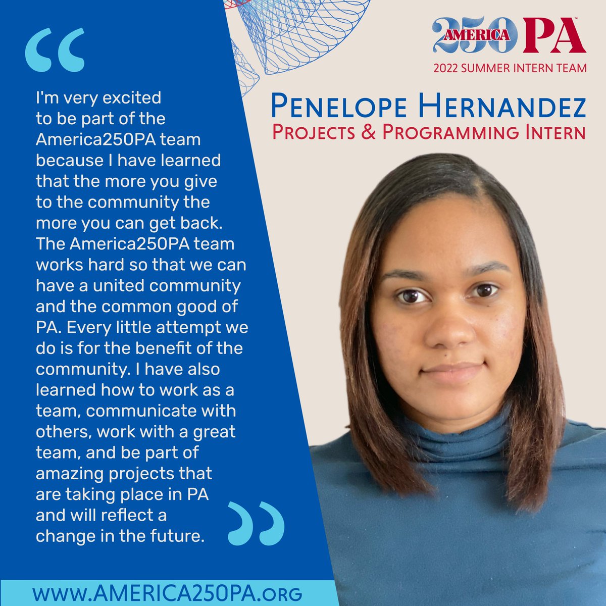 We would like to send a huge thank you to one of our 2022 Summer Interns, Penelope Hernandez, for all of her hard work this semester! We so appreciated her help with #PADay2022, the upcoming DEIC, and more! We wish you the best on your next adventures, Penelope! #Impact250PA