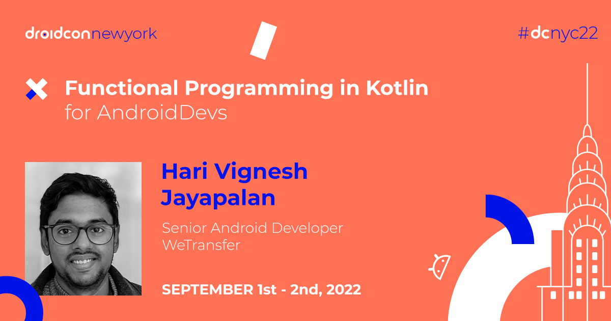 droidcon NYC (@droidconnyc) on Twitter photo Let's welcome Hari Vignesh Jayapalan to the #dcnyc22 speaker lineup! <a href="/HariOfSpades/">Hari Vignesh J</a> will discuss functional programming to understand how this is possible with #Kotlin & how it enables us to write pure functions for everyday #Android chores 📱
Read more: nyc.droidcon.com/hari-vignesh-j… Let's welcome Hari Vignesh Jayapalan to the #dcnyc22 speaker lineup! <a href="/HariOfSpades/">Hari Vignesh J</a> will discuss functional programming to understand how this is possible with #Kotlin & how it enables us to write pure functions for everyday #Android chores 📱
Read more: nyc.droidcon.com/hari-vignesh-j…