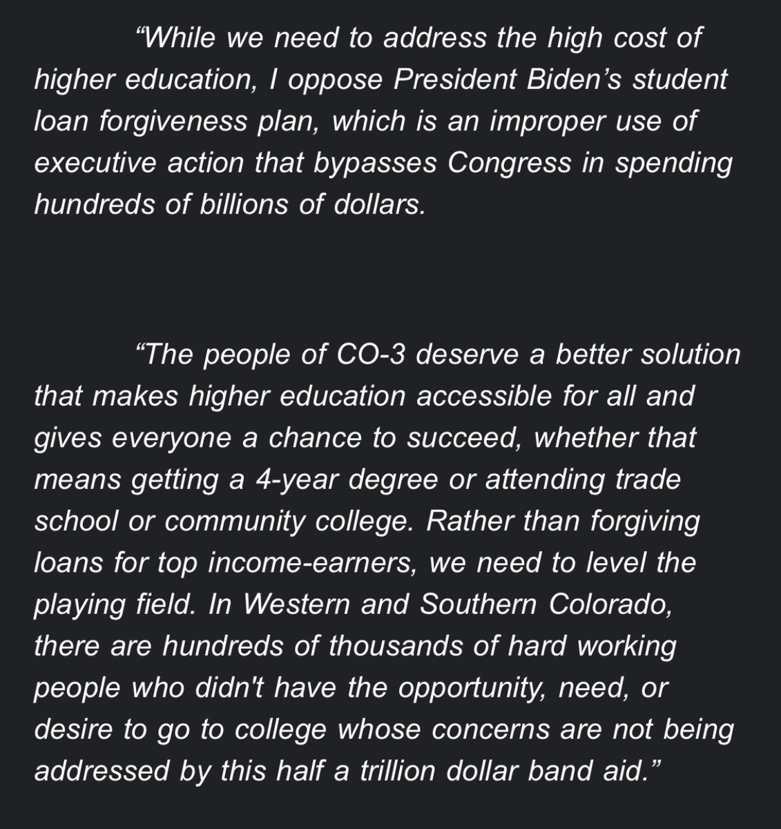 Adam Frisch's statement on President Biden's student loan program. Complete with Republican talking points. CD3, do we really want another millionaire in Congress? It's time to send a genuine, educated working class woman to take the wheel in DC Write-in Marina Zimmerman in Nov.