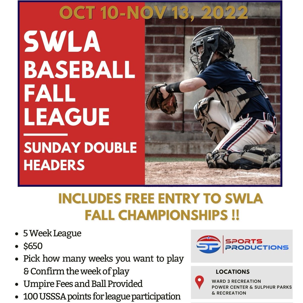 💥5 Weeks - Sunday Double Headers - You pick when you play!!💥
⚾️8U-14U
⚾️25+ Teams Entered
To get your team on the list contact Brayden Winn at Brayden@usssala.com or enter your team at the link below. 
ow.ly/z78v50KuBBu...