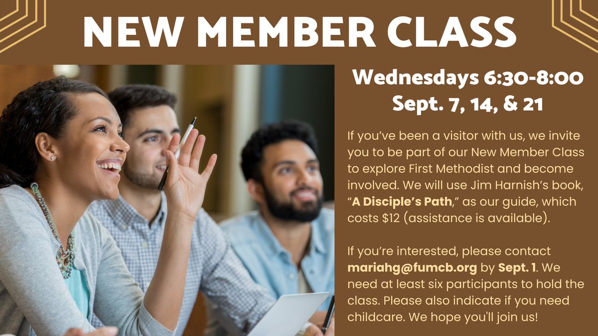 fumcbloomington's tweet photo. It's not too late to sign up for our New Member Class! If you've been visiting First Methodist and are interested in learning more about our church, reach out to Mariah Gese at mariahg@fumcb.org before September 1 to register. https://t.co/2mlFnmHZkZ