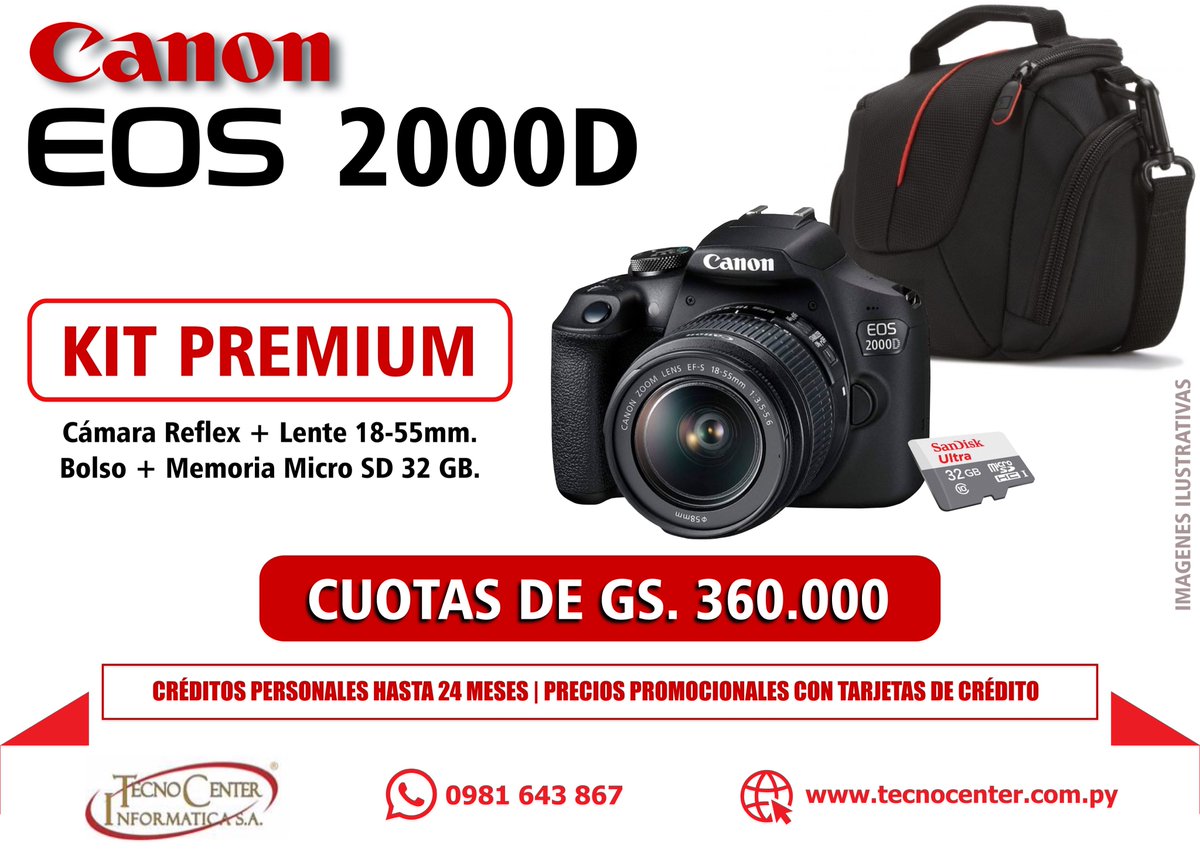 TecnoCenter_Py's tweet photo. Creatividad increíble sin esfuerzo. Cámara Canon EOS 2000D (T7) Kit Premium. Adquirila en cuotas de Gs. 360.000! WApp Directo 📲 0981643867
#Canon #EOS2000D #Reflex #Camara #FullHD # #TecnocenterPy https://t.co/RsL9O9oQAU