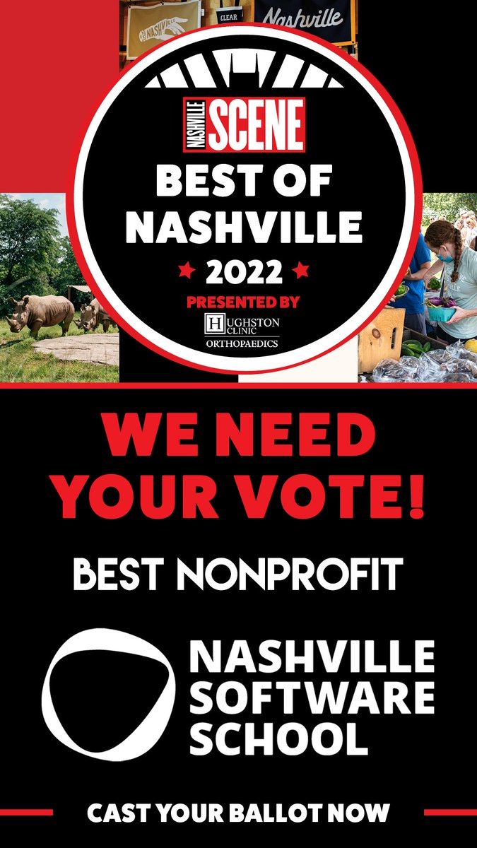 It’s the last week to vote for Nashville Software School for the Best Nonprofit in the Nashville’s Scene’s Best of awards! Get your votes in before Sept. 6th, &amp; be sure to vote for your other Nashville faves in at least 20 categories so your votes count! 
hubs.li/Q01l1D2V0
