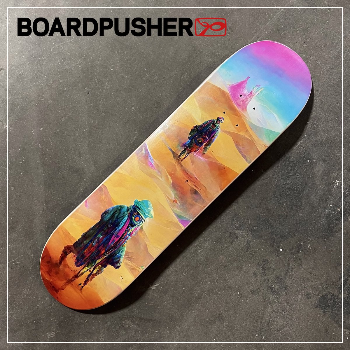 BoardPusher's tweet photo. NOMAD this week's https://t.co/eOBSHzrRNh #FeaturedDeck by Jeremiah Neff, was created using AI. Read more about how at https://t.co/Rwej2oykEs.  

#ArtificialIntelligence #aiart #psychedelic #desert #nomad #skateboardgraphics #skateboardart #skateboard #skateboards #skateboadring https://t.co/8Qb65DnDtH