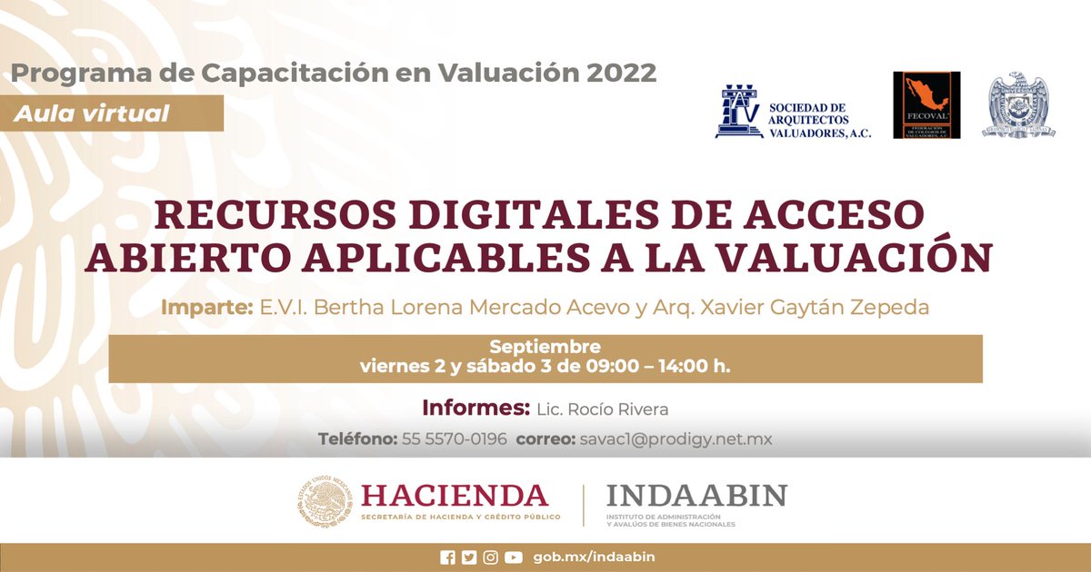 INDAABIN's tweet photo. 🖥️ CURSO VIRTUAL | Homologación en casos específicos.
Informes:
Lic. Rocío Rivera
☎ 55 5570-0196
📧 savac1@prodigy.net.mx
#INDAABIN, @SAVAC_Nacional y @FECOVAL_AC invitan. https://t.co/jW2keiOWH7