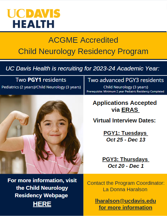 UCD_ChildNeuro's tweet photo. The Child Neurology Residency is a specialized program that combines training within the departments of Pediatrics and Neurology into a 5-year ACGME accredited residency or a 3-year track for applicants with 2 years training in Pediatrics. https://t.co/XRT1MTLjzz #neurotwitter https://t.co/Pk0d1scmMJ