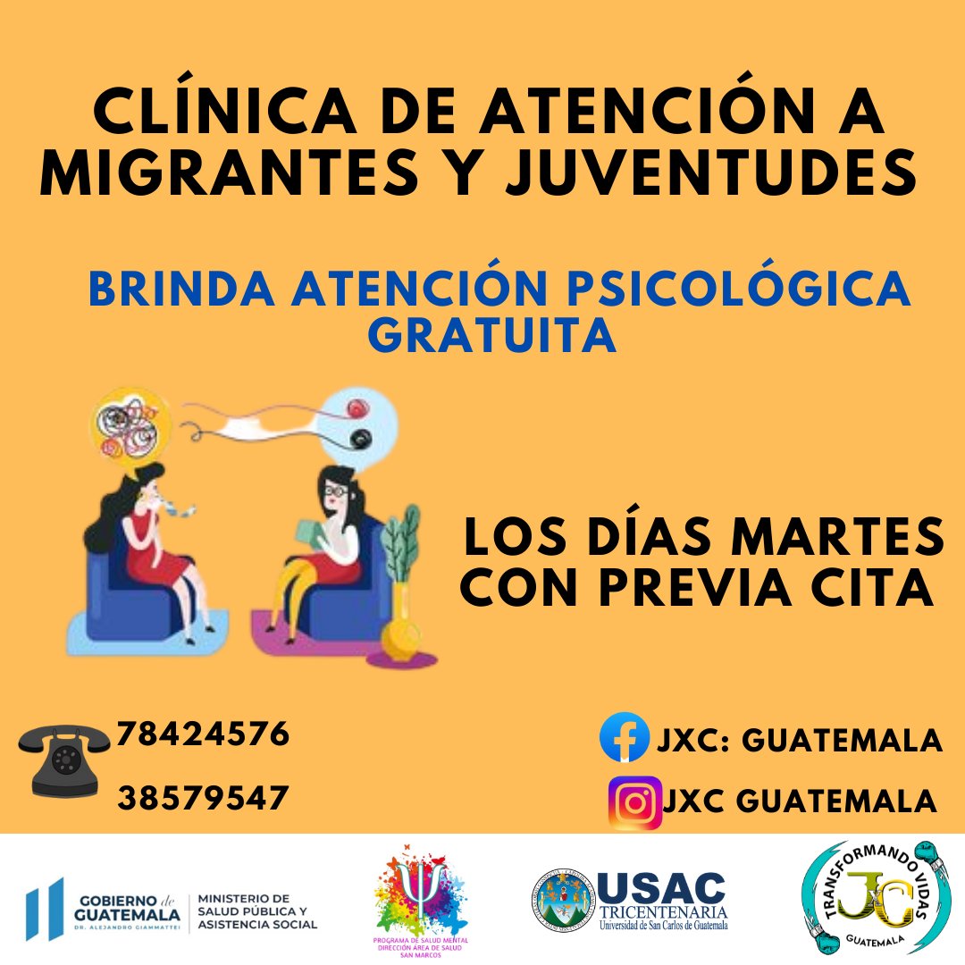 Los psicólogos también nos ayudan a enfrentar situaciones estresantes, a curarnos de adicciones, a controlar enfermedades crónicas . Por eso JXC Guatemala, está brindado atención psicológica a todxs aquellas personas que lo necesiten.