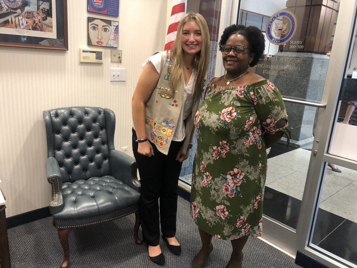 gsccc's tweet photo. #GSCCC is taking time in August for advocacy visits with our VA Congress members. Girl Scout Maureen Keller, a council national delegate, visited with Senator Kaine’s Constituent Services Coordinator Quena Dailey. More about #GirlScouts and civics here- https://t.co/1vdOtiOOvm https://t.co/FDI0qM797k