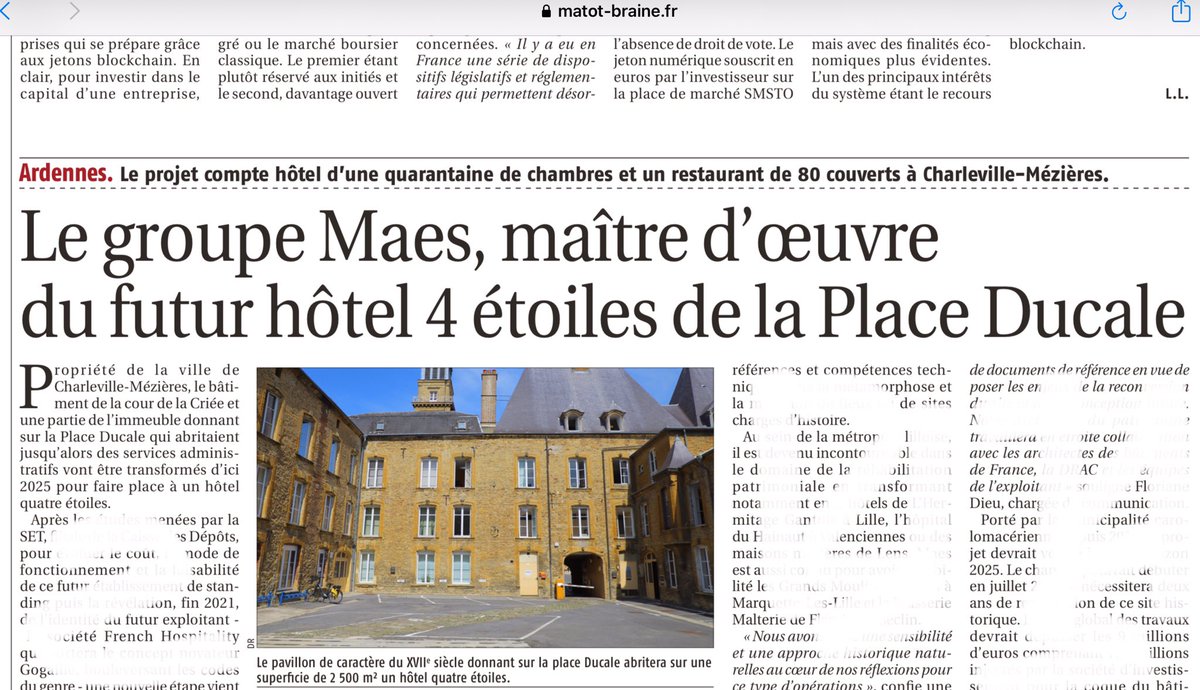 Notre projet hôtelier au cœur de <a href="/VilledeCMz/">Ville de Charleville-Mézières</a> porté par <a href="/proteame/">Protéame</a> fait l’objet d’un nouvel article dans le <a href="/matotbraine/">Matot Braine</a> à l’occasion de la désignation de l’architecte : le groupe Maes matot-braine.fr/IMG/pdf/983fma…