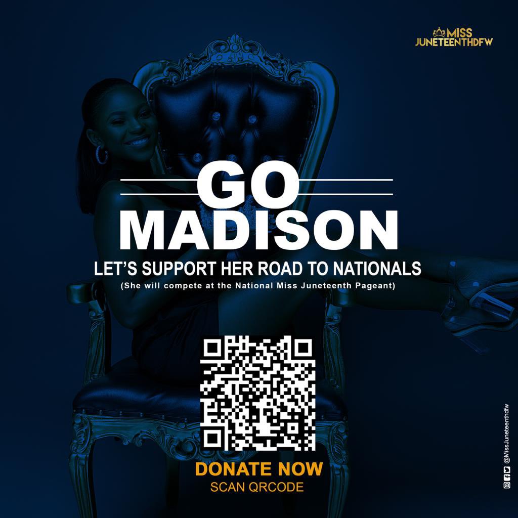 therealopallee's tweet photo. GO MADISON!! Our Miss Juneteenth Pageant Queen Madison Corzine will compete at Nationals this October. Support can also come in the form of Donation which can be done by scanning the QRcode above or by visiting https://t.co/fvz3Tq3pZW. We appreciate youππ½β€οΈ#juneteenth #gomadison https://t.co/LgWBHZkMAR