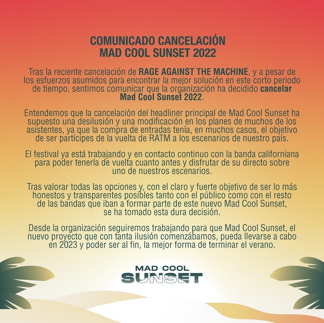 LoudCave's tweet photo. 🔴 #ÚLTIMAHORA || Debido a la cancelación de su headliner principal, @madcoolfestival ha decidido suspender definitivamente su edición #MadCoolSunset https://t.co/ek8qYc7gir