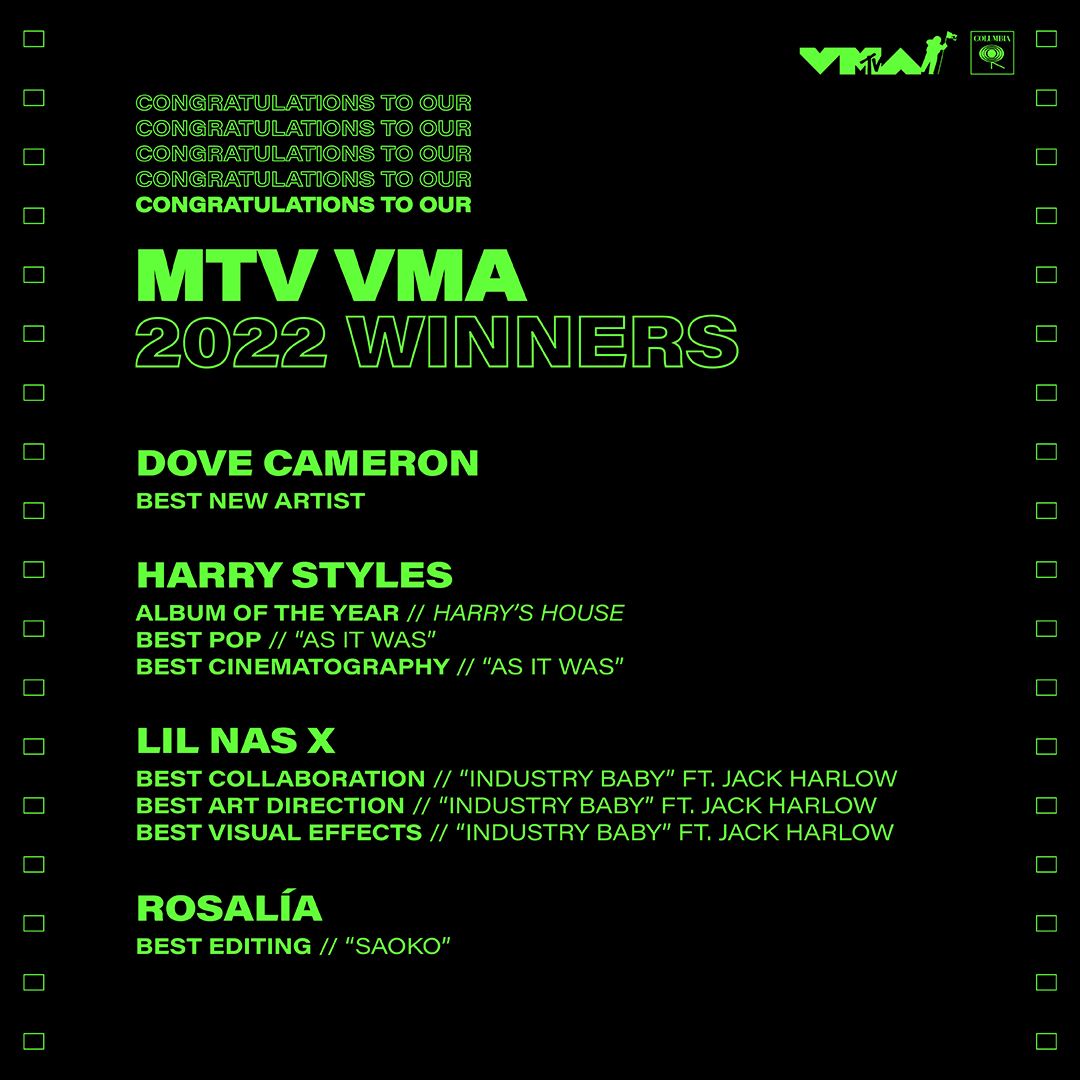 ColumbiaRecords's tweet photo. Congratulations to all of our 2022 #VMA Winners https://t.co/AHb4FVcOeD