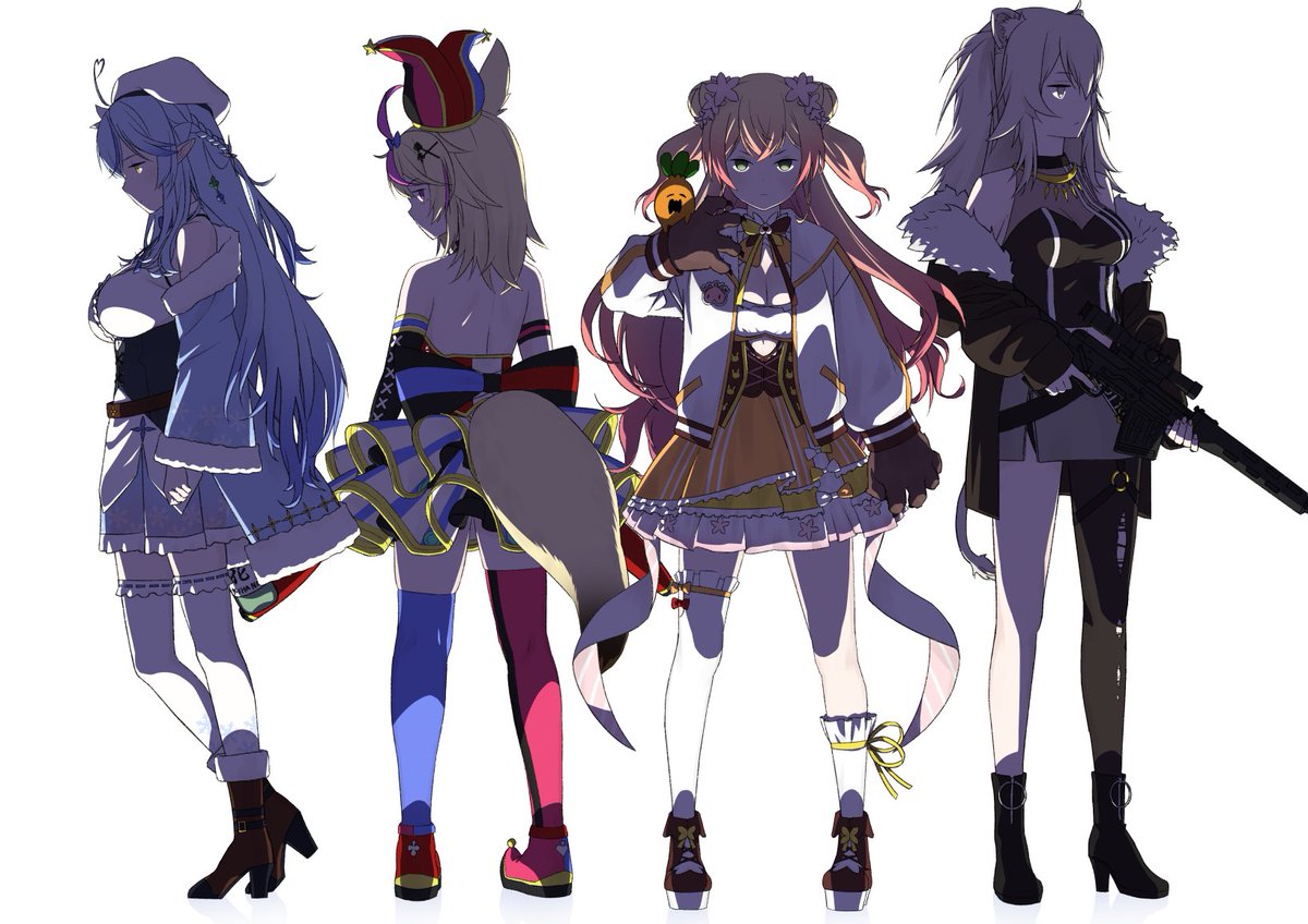 momosuzu nene ,omaru polka ,shishiro botan ,yukihana lamy multiple girls lion ears animal ears fox ears 4girls tail gun  illustration images