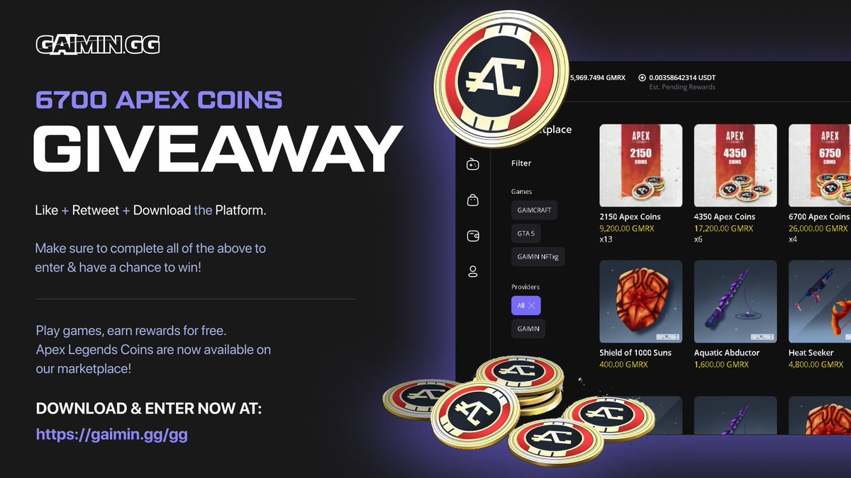 GaiminGladiator's tweet photo. In light of our NEW Apex Legends team, we're giving away 6700 APEX COINS! 🤩⚔️
To participate in the giveaway, Like &amp; Retweet this post and Download the @GaiminIo platform for FREE!
With Gaimin Platform you can play games &amp; earn rewards such as Apex Coins, in-game skins and more! https://t.co/KzvJZim77A