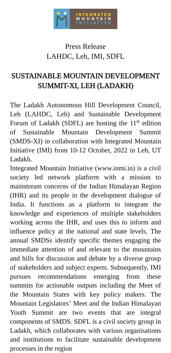 IMI_Info's tweet photo. Announcement!

@LAHDC_LEH and Sustainable Development Forum of Ladakh are hosting the 11th edition of Sustainable Mountain Development Summit in collaboration with @IMI_Info from 10-12 October, 2022 in Leh, Ladakh.

Read the PR and watch out this space for more details. https://t.co/5Z8CUHvNBy