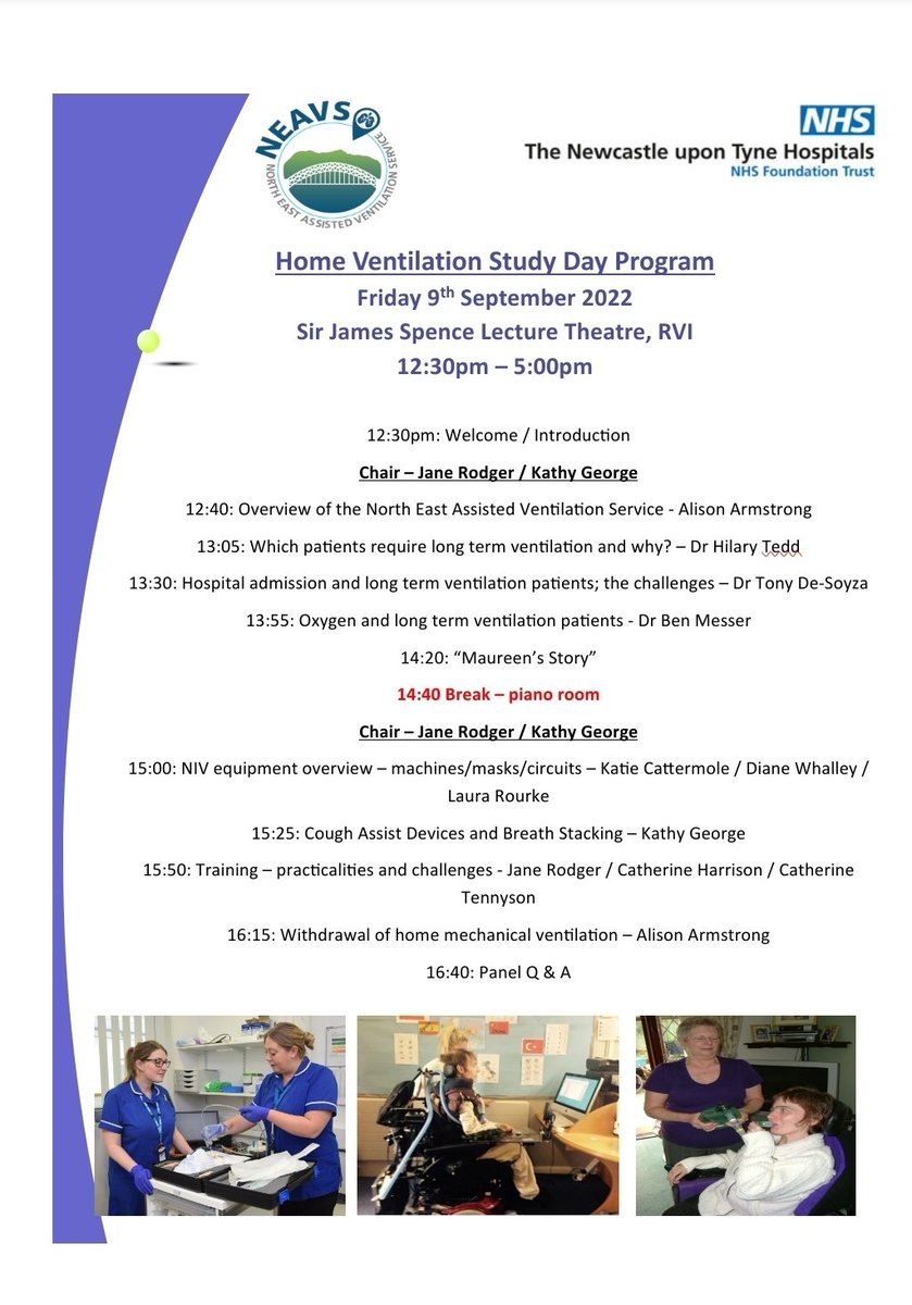 There are still some places available to attend our annual home ventilation study day on 9th September. 
If you're able to join us, please email nuth.homeventadmin@nhs.net to register for a place.
See the program below for more info!
#homemechanicalventilation 
@NewcastleHosps