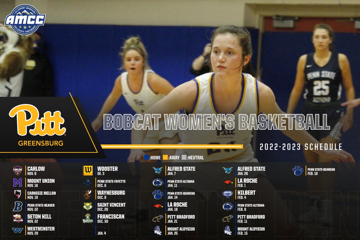 upgbobcats's tweet photo. SCHEDULE RELEASE:

The Pitt-Greensburg Women's Basketball team is coming off a trip to the AMCC Championship and will look to repeat that under new coach Darien Lantz.

#DefendTheDen #RollCats #BlueAndGoldStandard https://t.co/nO8FTO9csV