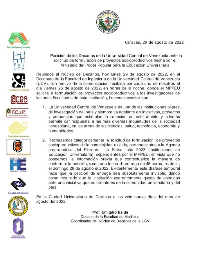 COMUNICADO del núcleo de Decanos #UCV, ante la solicitud de formulación de proyectos socioproductivos, hecha por parte del MPPEU.

#UniVE #ucv300