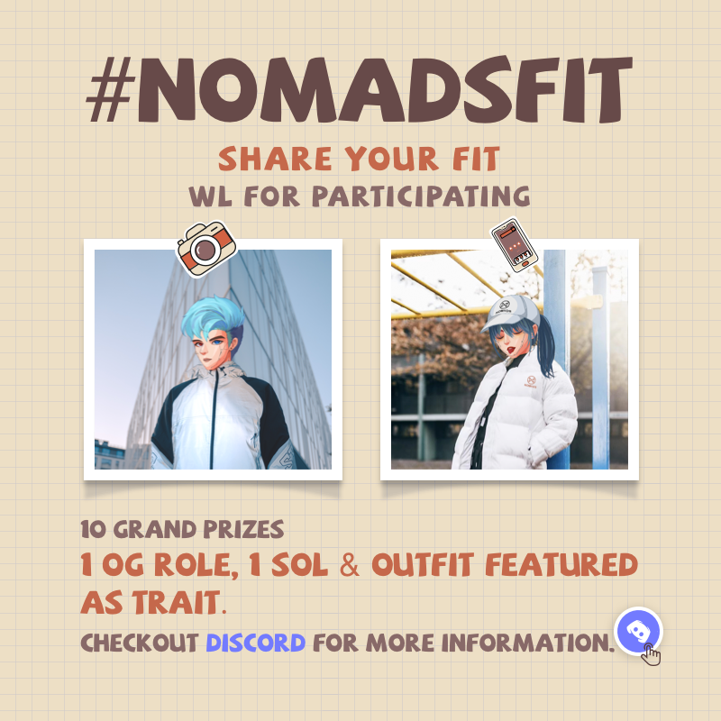 NomadsNFT_'s tweet photo. 🔊Introducing our #NomadsFit competition! 

Post your best fit on Twitter with a Nomad head instead of yours. 🧢🧥

Prizes: 
🤑Grand Prize (x10)
- OG Spot 
- 1 $SOL
- FIt featured in official collection 

Participation Prize
- WL Spot

Check Discord for full contest details https://t.co/ad3WVfPnBi