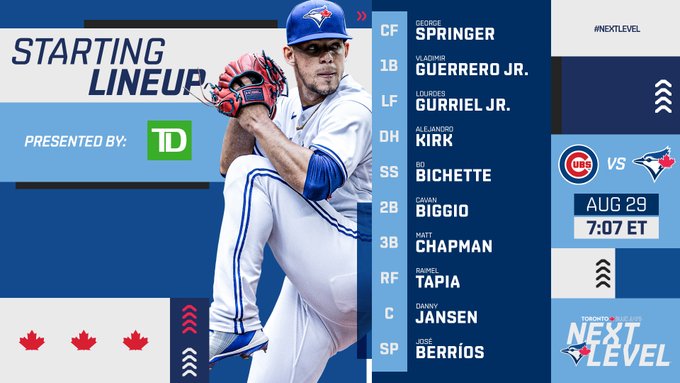 Blue Jays lineup against the Cubs on August 29: CF Springer, 1B Guerrero Jr., LF Gurriel Jr., DH Kirk, SS Bichette, 2B Biggio, 3B Chapman, RF Tapia, C Jansen, SP Berríos (pictured). First pitch: 7:07pm ET.