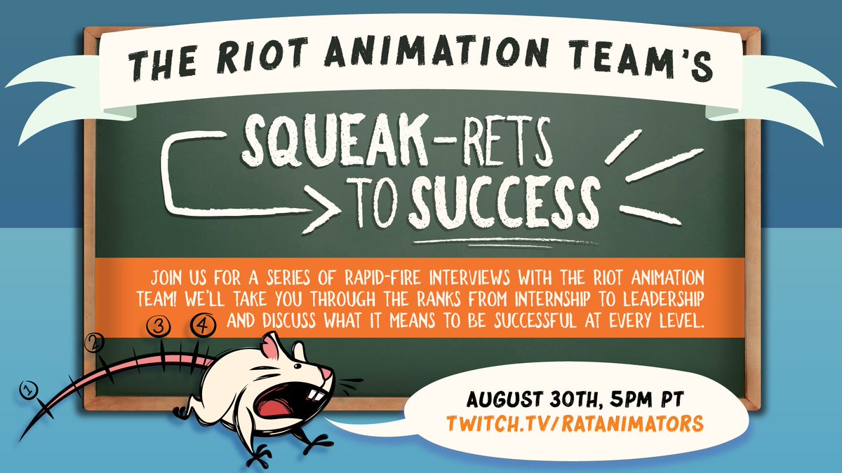RATanimators's tweet photo. 📢STREAM ALERT! 
Join us for a series of rapid-fire interviews with the @LifeAtRiot Animation Team! We’ll take you through the ranks from Internship to Leadership and discuss what it means to be successful at every level.

Tomorrow, August 30th @ 5pm PT.
#animation #gamedev https://t.co/KmrVNe9io4