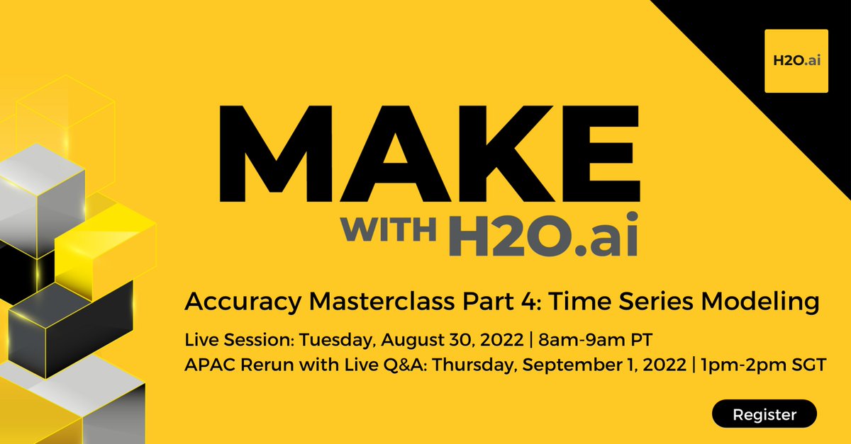 h2oai's tweet image. Join us tomorrow for Make with H2O.ai! This week's session will cover #TimeSeriesModeling with Data Scientist and Product Manager, @Megan_H2O.  
Join us at tomorrow's session👇
bit.ly/3PDirIm