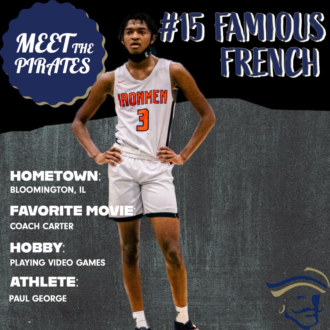 INDY PIRATES ROSTER INTRO!
Freshman from Bloomington, IL 6’6 Wing #15 Famious French! 

Winner, versatile forward, lengthy defender