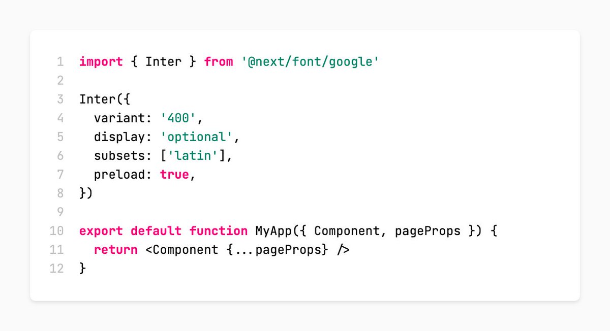 leerob's tweet image. We&apos;re working on improvements to @nextjs to make it easier to use custom web fonts while maintaining great performance.

Import the font in `_app`, add &quot;Inter&quot; to your `font-family`, and you&apos;re done. This only loads the specified variants and automatically subsets.

Thoughts?