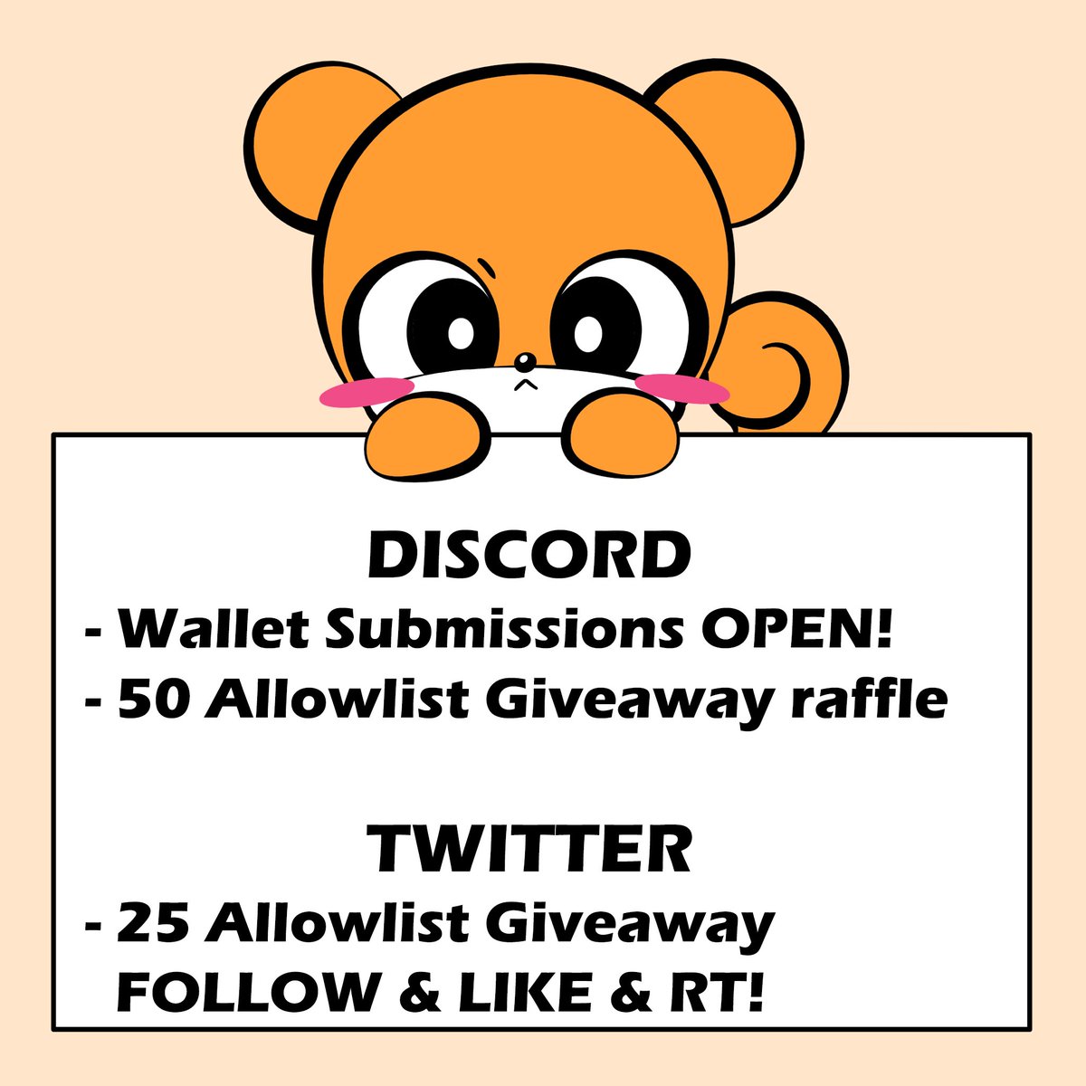 WALLET SUBMISSION OPEN📤
75 ALLOWLIST SPOT GIVEAWAY🎉

Wallet Submissions are open in our Discord - JOIN NOW👇
discord.gg/bqyVq3fb4B

HUGE Allowlist spot giveaways!!!🥳
1⃣50 in our Discord
2⃣25 on this Tweet

FOLLOW☑️LIKE❤️RT🔃 FOR ALLOWLIST
#FreeMint #FreeMintNFT #NFTGiveaway