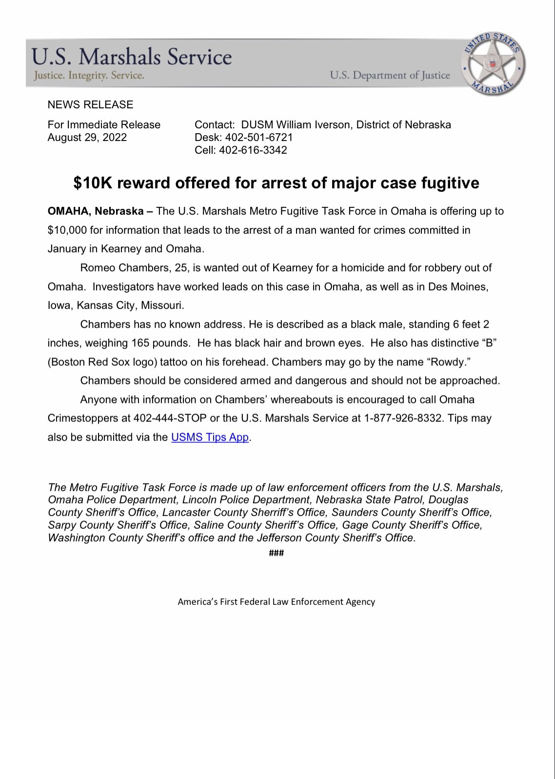 Omaha Scanner on Twitter "The USMarshalsHQ Metro Fugitive Task Force in Omaha is offering a