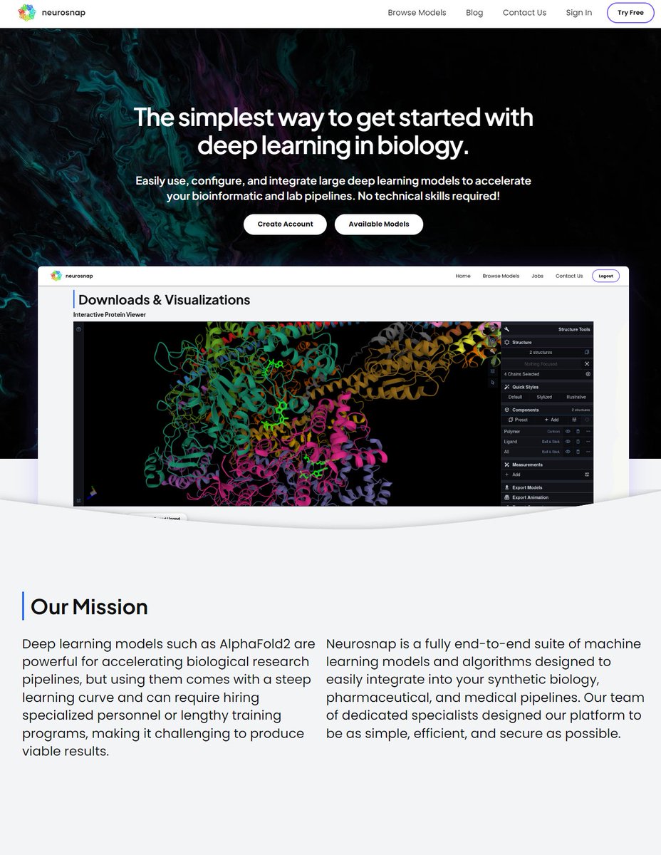DanveC's tweet photo. Our lab's BSc Directed Studies @LaurierBiology @LaurierCS student Keaun just launched Neurosnap, which integrates deep learning algorithms #AlphaFold #ProteinMPNN #ProGen2 #EquiBind #ESMIF1 in a user-intuitive interface. Please check it out!
URL: https://t.co/gWheoqGl1G https://t.co/rppLHIY29m