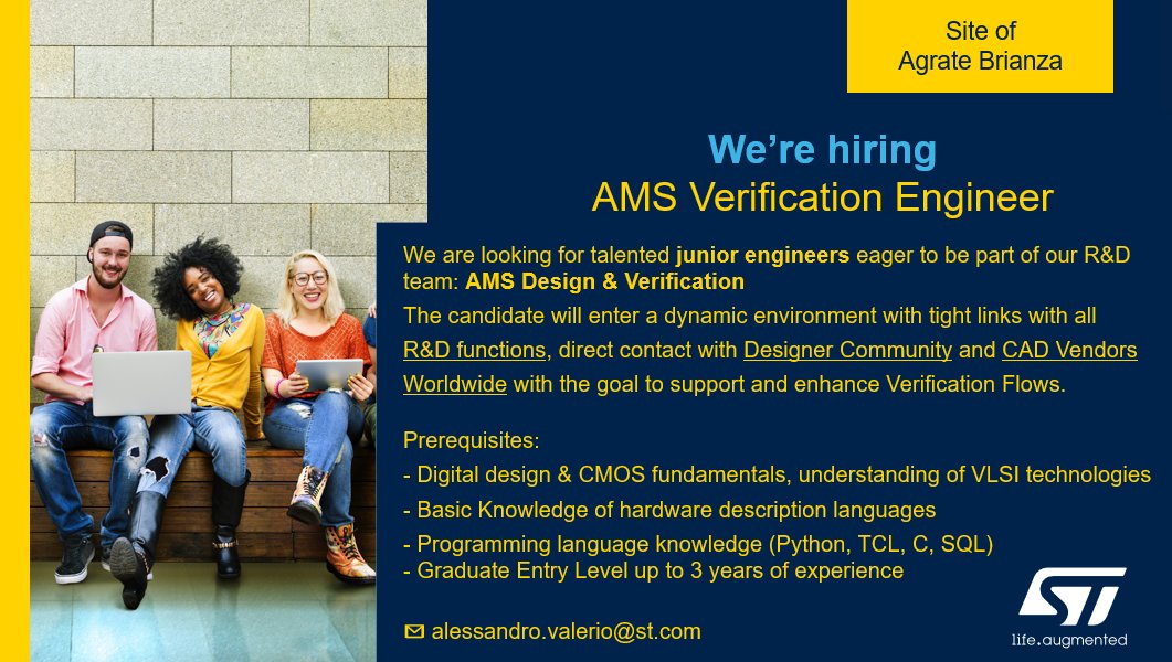 alev4l3's tweet photo. 🎯 let me propose you wonderful journeys with us!
▶ permanent employment: we are hiring CAD Verification Engineer (Smart Power R&D)
📢 we are looking for people with enthusiasm, constantly curious and creative towards innovation!!
#JoinST #STMicroelectronics #innovation #WeAreST https://t.co/0S5jbDcCHv