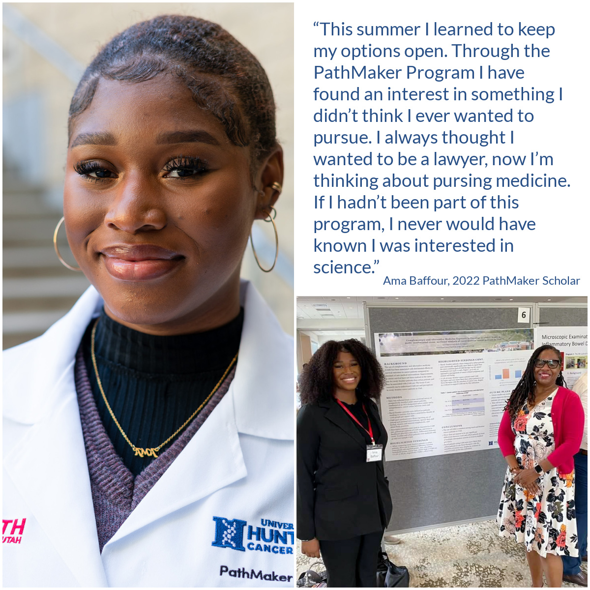 Until a friend encouraged Ama to apply for @pathmaker_hci she had planned on being a civil rights attorney. After researching rural & urban health disparities in @sky_john’s lab she has realized that she is interested in making a difference through health care.