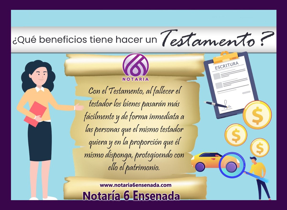 Notaria6Ens's tweet photo. ¿Qué beneficios tiene hacer un testamento?
Con el #testamento, al fallecer el testador los bienes pasarán más fácilmente y de forma inmediata a las personas que el mismo 
testador quiera y en la proporción que él disponga, protegiendo con ello el patrimonio.
#MesDelTestamento https://t.co/POOcHw4ApF