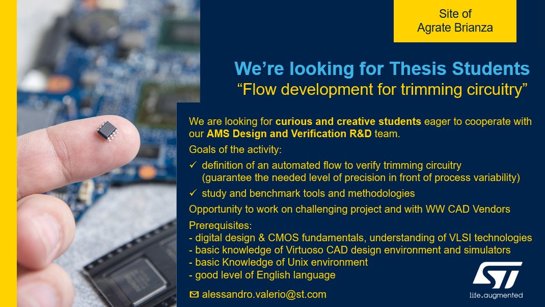 alev4l3's tweet photo. We are looking for curious and creative students eager to cooperate with our AMS Design & Verification R&D team.
https://t.co/JxyG8s0rY4
#STMicroelectronics #AMS #verification #engineer #WeAreST #STrongertogether #Thesis https://t.co/t8wOzxrAjV