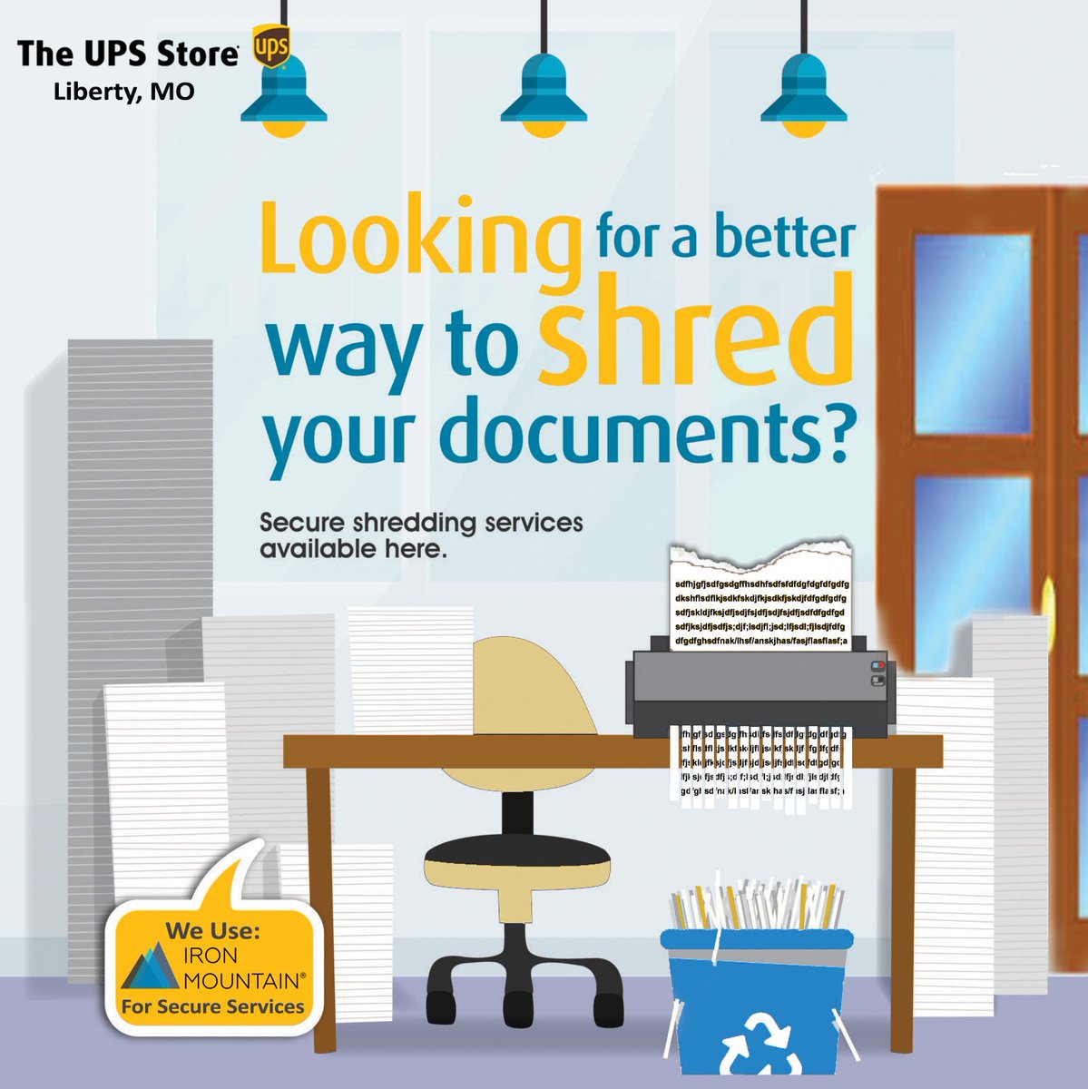 UPSLibertyMO's tweet photo. Secure shredding? There's no place like here. Where? #LibertyMO You know when the paperwork stacks up it's time to bring it in. 😁 #smallbusinessowners #MondayMotivation https://t.co/L3VRBi77vK