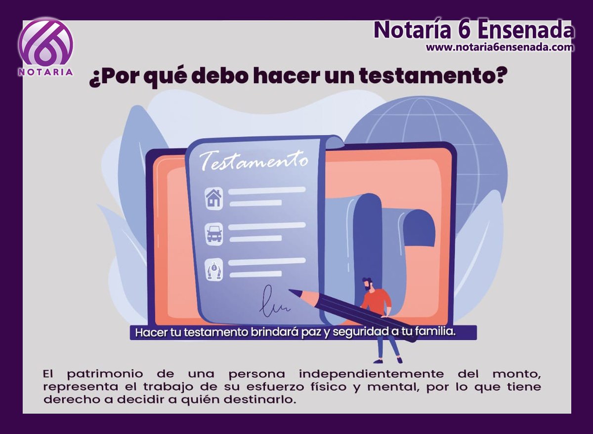 Notaria6Ens's tweet photo. ¿Por qué debo hacer testamento?
Hacer tu #testamento brindará paz y seguridad a tu familia.
El patrimonio de una persona independientemente del monto, representa el trabajo de su esfuerzo físico y mental, por lo que 
tiene derecho a decidir a quién destinarlo.
#notaria6ensenada https://t.co/cfTPlVFyrZ
