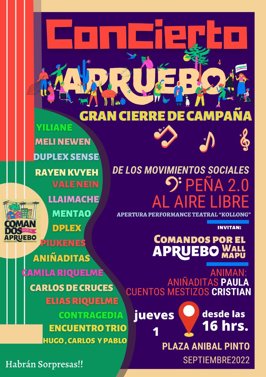 ¡PA' CONTINUAR LA PEÑA! 🎶 • ¡Concierto al aire libre! 🌎⛅️

Desde el Comando de Movimientos Sociales del Wallmapu les invitamos a reencontrarnos nuevamente este jueves 1 en la plaza Janekew (Plaza de Armas de Temuco) desde las 16 horas

Ven y participa! 

#AprueboSinMiedo