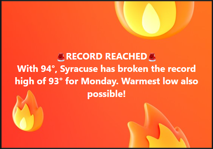 PeteWeatherBeat's tweet photo. 🚨RECORD REACHED🚨

With at least 94° Syracuse has broken the old record high of 93° (1953) today.

The low so far: 74°. The warmest low on record for August 29th is 71° (2018, 1973). If the temperature does not fall below 71° before midnight, another record happens today!

#NYwx https://t.co/hRLMVQoBRh
