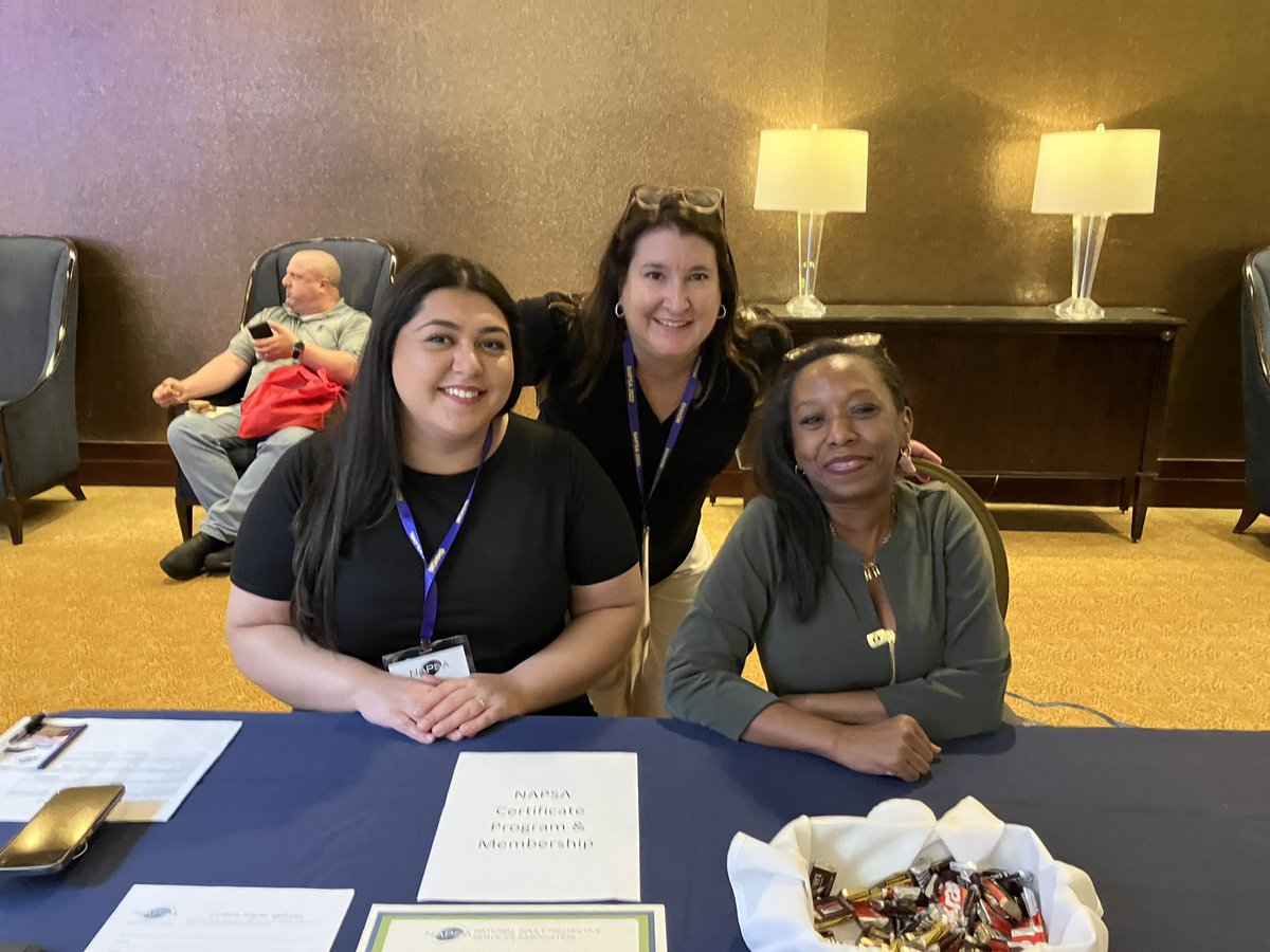 NAPSA_NOW's tweet photo. @NAPSA_NOW Jennifer, Parween, and Board President Sharee working hard. Visit us in the exhibit area!#NAPSAConference2022 #APSisAlwaysEssential #IncreaseAPSFundingNow https://t.co/9Vo8yqsXGy