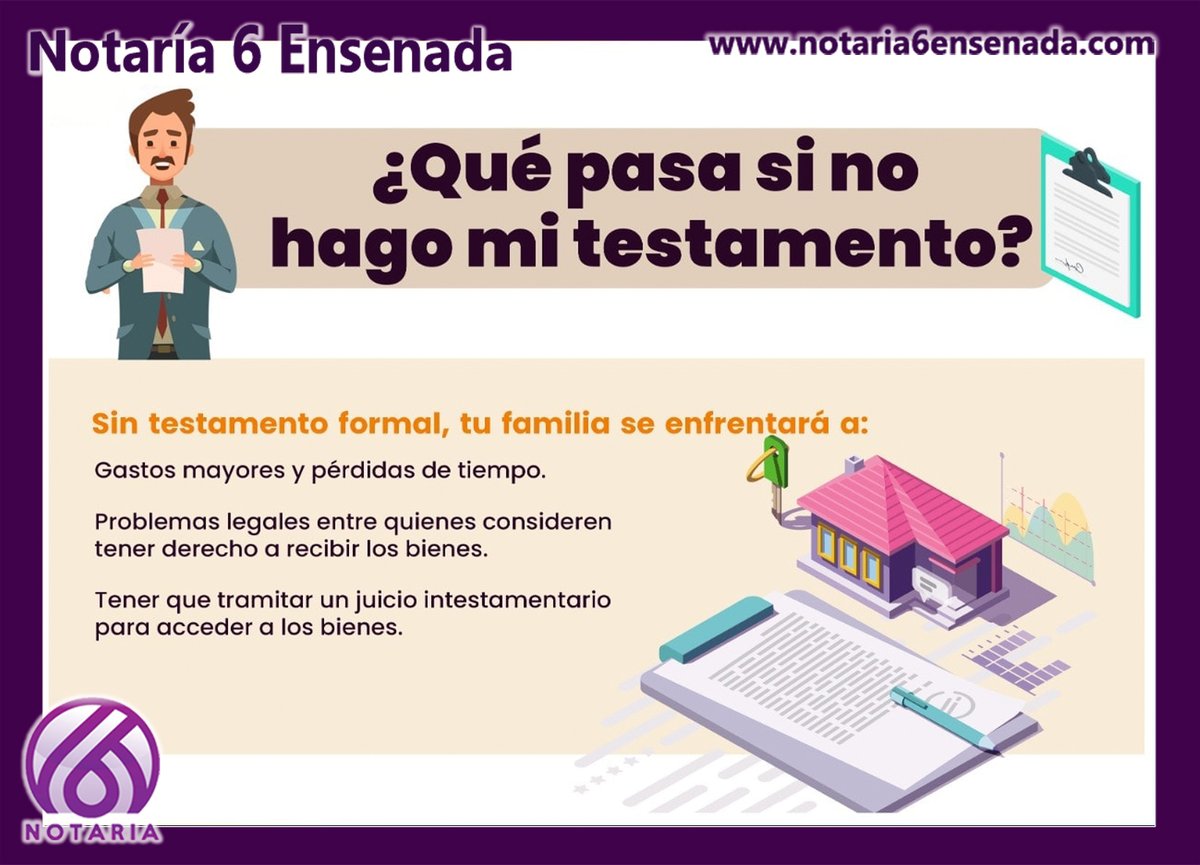 Notaria6Ens's tweet photo. ¿Qué pasa si no hago mi testamento?
Sin #testamento formal, tu familia se enfrentará a:
Gastos mayores y pérdidas de tiempo.
Problemas legales entre quienes consideren tener #derecho a recibir #bienes.
Tener que tramitar un #juicio #intestamentario para acceder a los bienes. https://t.co/7LhEQ5xzIP