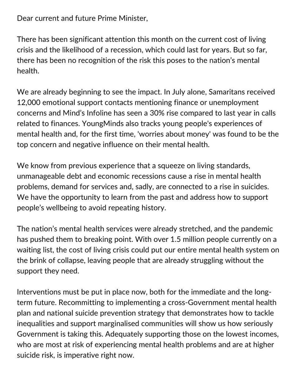 juliebentley's tweet image. A letter FAO @BorisJohnson @RishiSunak @trussliz the cost of living crisis is going to be catastrophic for many people in many ways. Including their mental health. A letter from @samaritans and our colleagues across the mental health sector