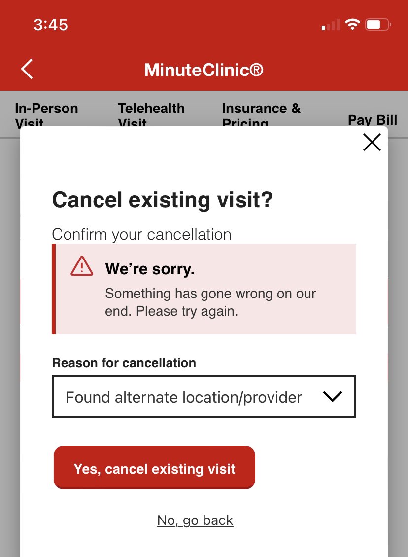 iAmMeghann's tweet photo. @MinuteClinic @cvspharmacy I can’t seem to cancel my appt I no longer need. Tried the app, website. It says there’s an error. I called and keep getting an automated message telling me to go to the website, which doesn’t help. https://t.co/I0lEBxgxYW