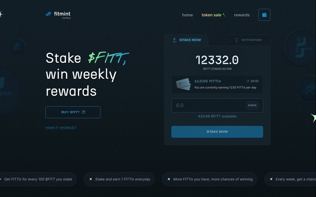 FitmintClub's tweet photo. [Feature release] - Stake FITT, Win Fitmint NFT! 

Our idea behind the token sale is to distribute our tokens to public, onboard them on our app, and start their fitness journey with Fitmint. And This feature around staking will enable us to do that. How? https://t.co/uY84w3JTGf