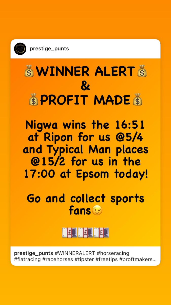Prestige_Punts's tweet photo. #WINNERALERT #horseracing #flatracing #racehorses #tipster #freetips #proftmakers #winners #nosubscription #getinvovled #prestige_punts #likeshareandfollow #RETWEET #RT https://t.co/p89m3V7zPB