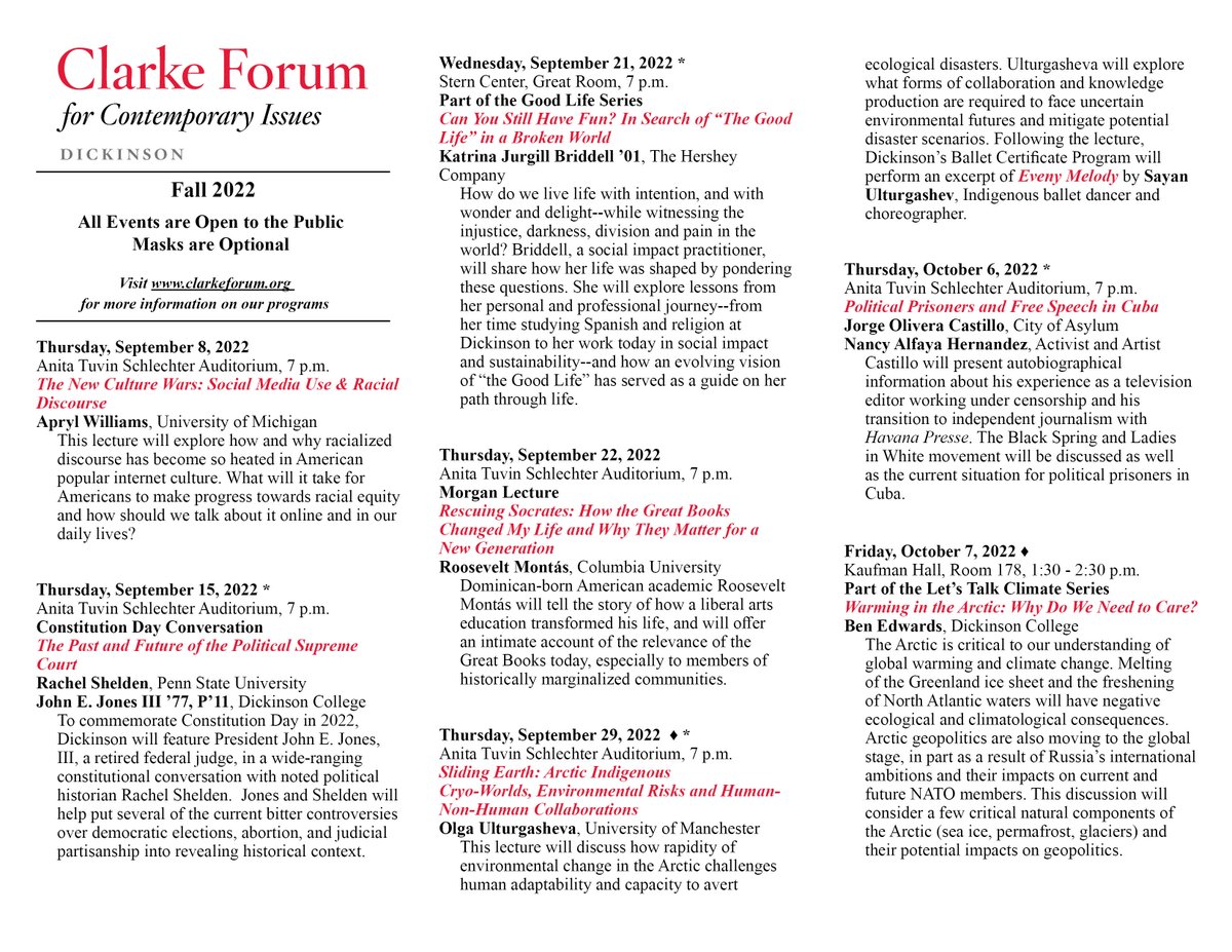 ClarkeForum's tweet photo. The fall 2022 schedule has an array of thought-provoking programs that we believe will challenge us all to consider new perspectives, paradigms, and ideas. The fall schedule is listed below. Visit us at https://t.co/ydkT6R0lQS for more information on our programs.@DickinsonCol https://t.co/2qRHU8kVdP