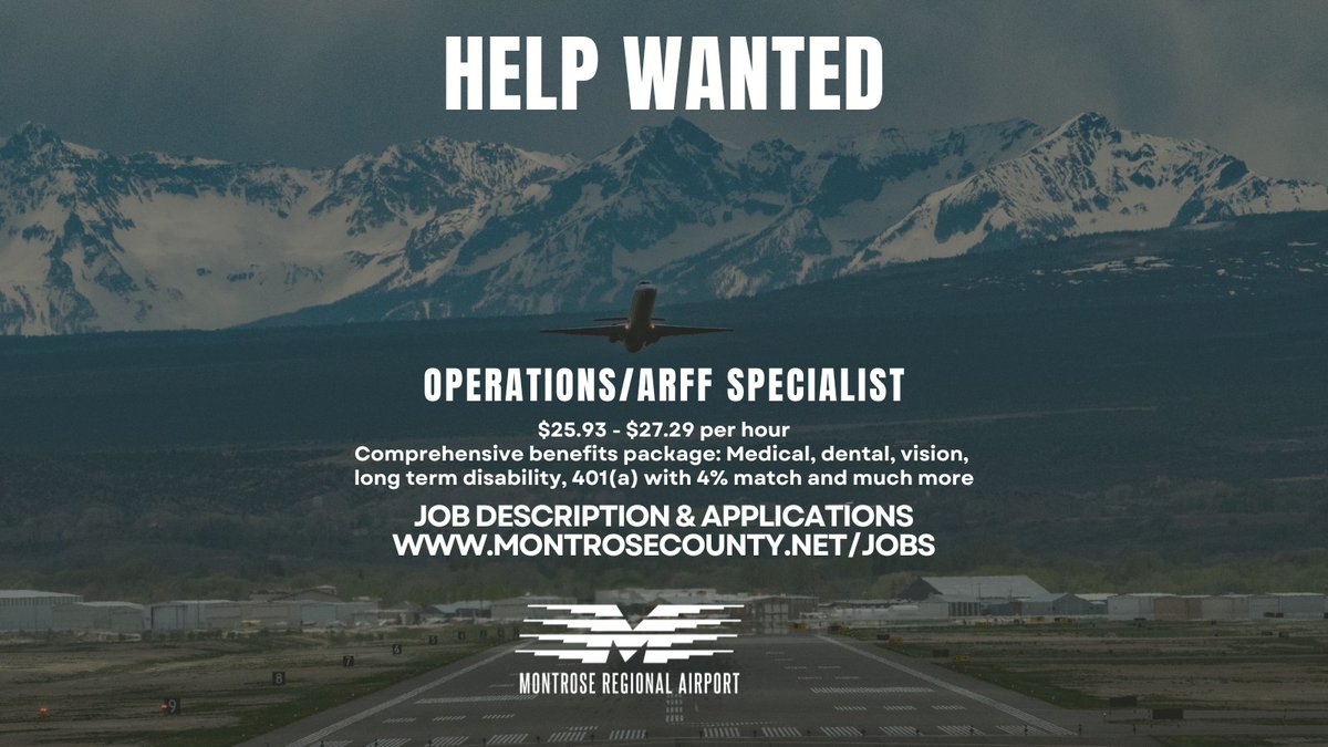 Join the #MTJ team! We are looking for an ARFF Operations Specialist.  Pay is $25.93 - $27.29 &amp;  benefits include Medical, dental, vision, long term disability, 401(a) with 4% match and more! For additional details and to apply online, visit recruiting2.ultipro.com/MON1022MOTC/Jo…