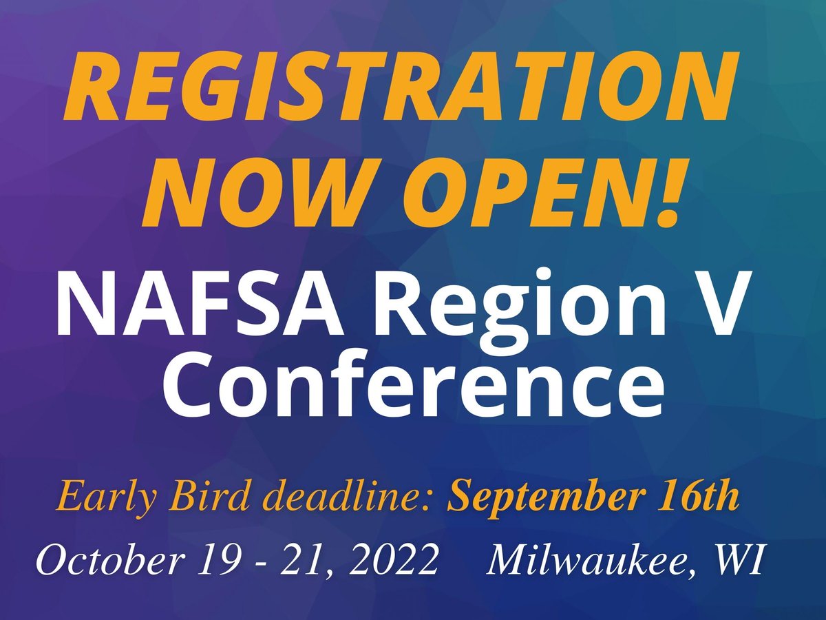 Register now for the NAFSA Region V Conference! 
nafsa.org/conferences/20…
NAFSA Region V Conference
October 19 - 21, 2022
Milwaukee, WI 
NAFSA Region V is excited to be hosting an in-person 2022 conference! 
Early Bird registration deadline: September 16th