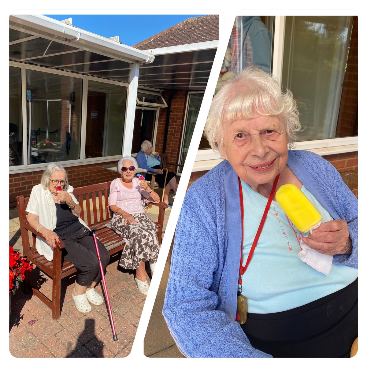ARMSCARE's tweet photo. Priceless moments💜 Our ladies greeting and welcoming our new resident. Enjoying the sunshine, ice creams and laughing away❤️🍦#care #carehomes #dementia #supportingall #friendships #greeting #enjoyinglife #benchchats #priceless #dementia #dementiaaware #sunshine #love #peaceful https://t.co/ZoCq4FzDHb