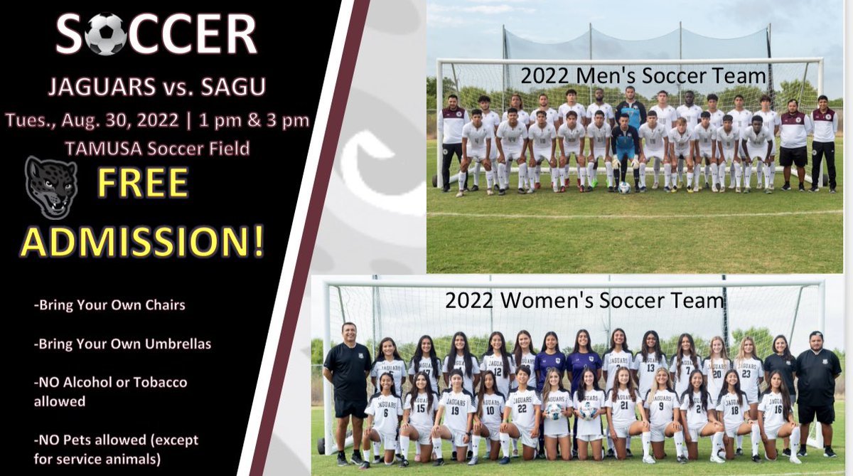 As a give back to our fans, the first home game is FREE!! See you tomorrow at the TAMUSA Soccer Field. Your <a href="/TAMUSASports/">TAMUSA Sports</a> Jaguars will face @sagu for their season opener!! #BACKtheJAGS #BuildingChampions